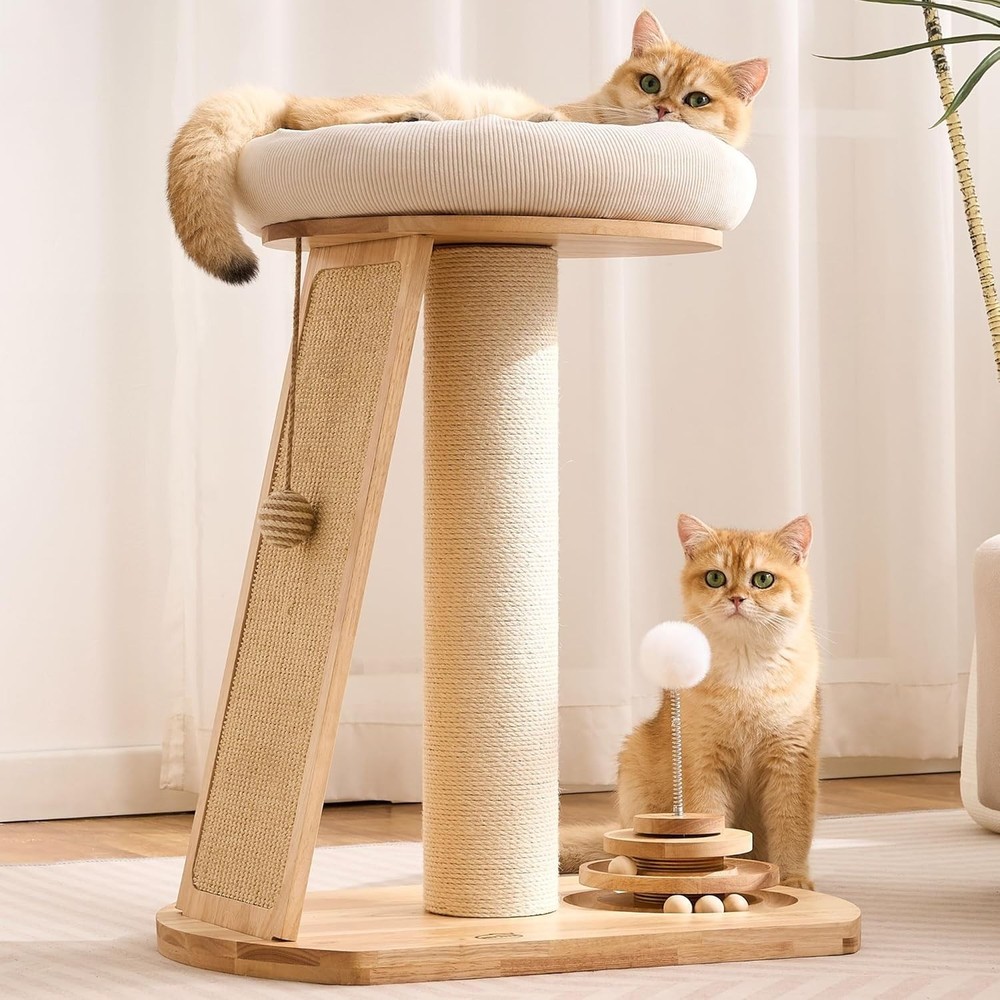 Compact Solid Wood Cat Tree with Bed & Scratching Post for Indoor Cats