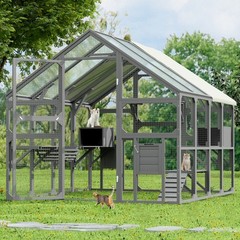 Large Wooden Catio Outdoor Cat Enclosure, 7 Platforms Walk-in Design, Gray
