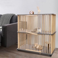 2 Tiers Wooden Cat House With Wheels 44″ Tall Indoor Cat Villa For Multiple Cat