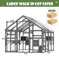 Large Wooden Catio Outdoor Cat Enclosure, 7 Platforms Walk-in Design, Gray
