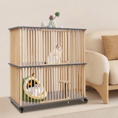 2 Tiers Wooden Cat House With Wheels 44″ Tall Indoor Cat Villa For Multiple Cat
