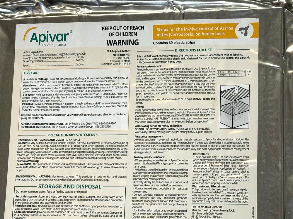 Apivar® 60 Strips for the in-hive control of Varroa mites