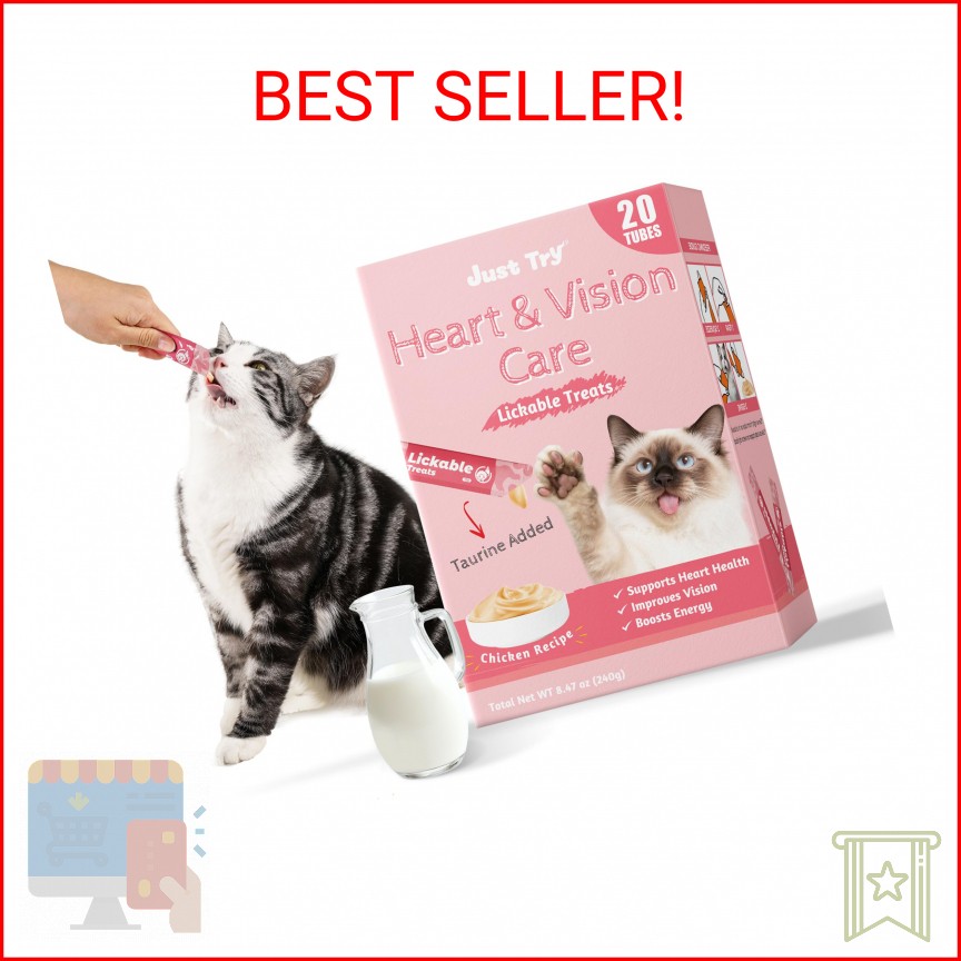 Just Try Taurine Lickable Cat Treats, Creamy Squeezable Purée with Goat Mlik, Ta