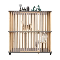 2 Tiers Wooden Cat House With Wheels 44″ Tall Indoor Cat Villa For Multiple Cat