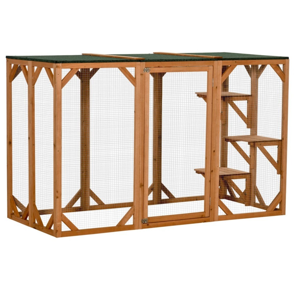 PawHut Outdoor Cat House Catio Wooden Feral Shelter Cage Platforms Large Enter