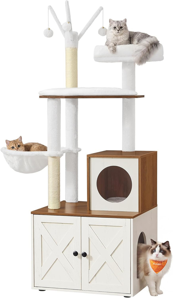 Cat Tree with Litter Box Enclosure, 59-Inch Modern Cat Tower, 2-In-1 Condo with