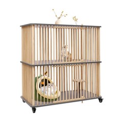 2 Tiers Wooden Cat House With Wheels 44″ Tall Indoor Cat Villa For Multiple Cat