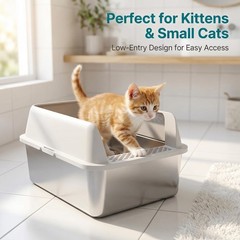 Stainless Steel Litter Box with Lid, Sifting for Small, Light Grey