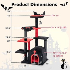 6-Tier Gothic Cat Tree 53” Tall Cat Tower w/ Cat Bed Arch-Shaped Condo Pompom