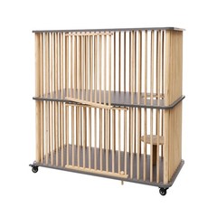 2 Tiers Wooden Cat House With Wheels 44″ Tall Indoor Cat Villa For Multiple Cat