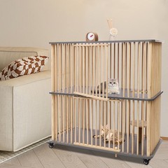 2 Tiers Wooden Cat House With Wheels 44″ Tall Indoor Cat Villa For Multiple Cat