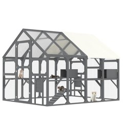 Large Wooden Catio Outdoor Cat Enclosure, 7 Platforms Walk-in Design, Gray
