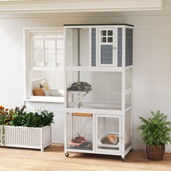 Outdoor Cat House Wooden Catio on Wheels W/ Weather Protection Roof, Gray