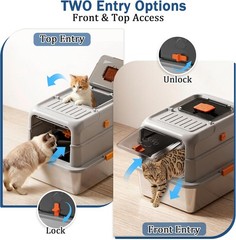 Stainless Steel Cat Litter Box with Lid Covered Enclosed Kitty Litter Box Flip