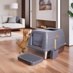 Large Stainless Steel Cat Litter Box Anti-Leakage Easy Cleaning Litter Pan w/Lid