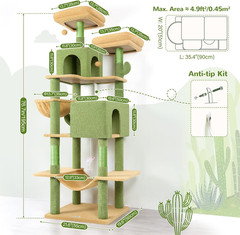 Cactus Cat Tree Tower 76-Inch Extra Tall Multi-Level Cat Furniture with Cozy Con