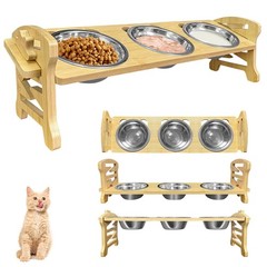 Elevated Cat Bowls 15° Tilted : 3-Pack 3 bowls, Natural bamboo color