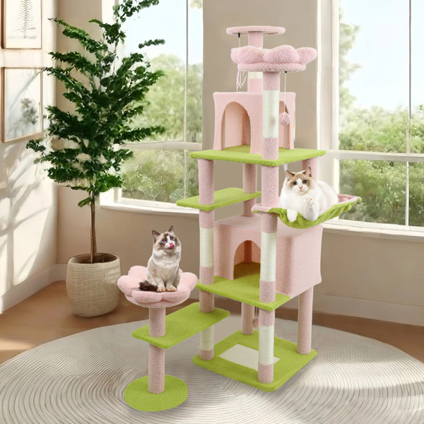 71 Inch Flower Cat Tree With Large Condo Removable Flower Cushion & Hammock Pink