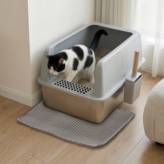 XL Stainless Steel Cat Litter Box Extra Large Litter Pan High Side w/ Scoop Mat