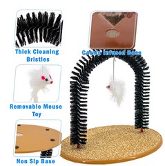Cat Self Grooming Arch Toy Post w Mouse Toy, Bristle Brush Catnip Scratching Pad