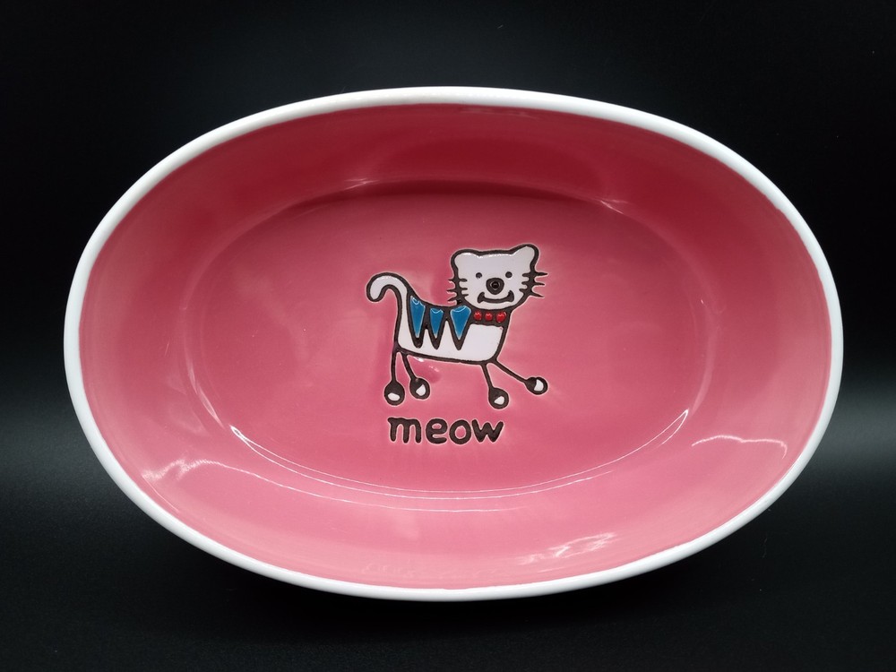PetRageous Silly Kitty Oval Dishwasher Safe Stoneware Cat Bowl 6.5×4.5 Inch