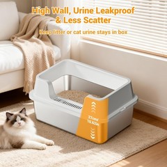 Stainless Steel Cat Litter Box Easy Clean Large Litter Pan High Side w/Scoop Mat
