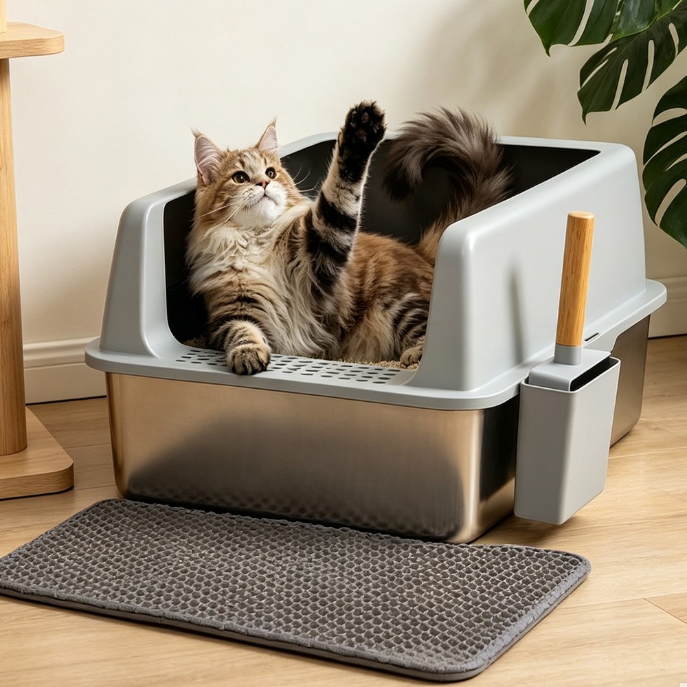 XL Stainless Steel Cat Litter Box Extra Large Litter Pan High Side w/ Scoop Mat