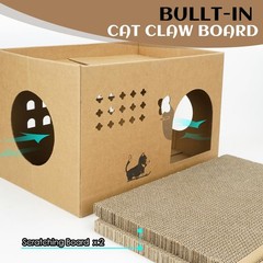 Cat Cardboard House with 2 PCS Scratching Pads，Large Cat Scratcher Bed Ca