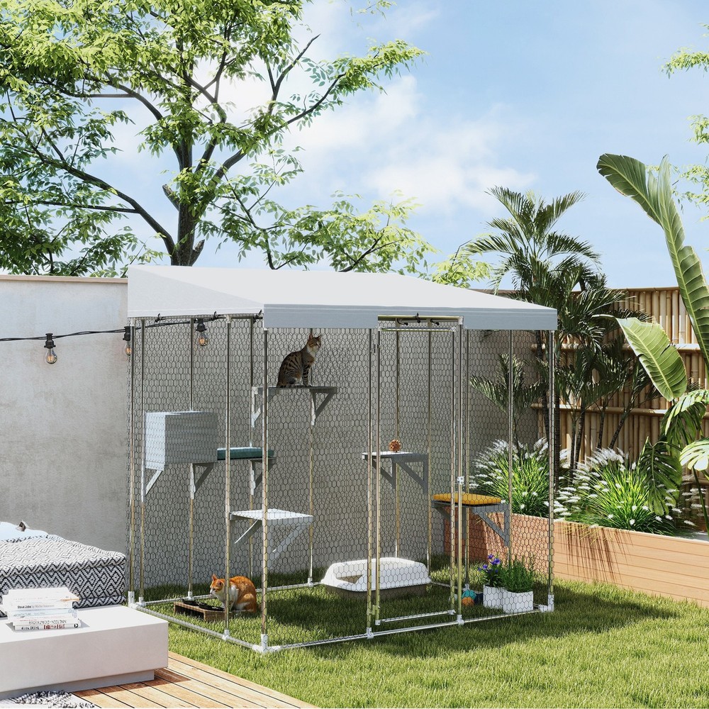 79″ Large Catio, Galvanized Steel Outdoor Cat Enclosure with Canopy