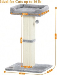 32in Cat Scratching Post Sisal With Plush Perch Bed For Indoor Cats Light Grey