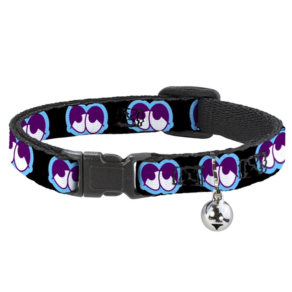 Cat Collar Breakaway with Bell Dopey Eyes Black/Baby Blue/Purple NARROW Fits 8.5