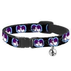 Cat Collar Breakaway with Bell Dopey Eyes Black/Baby Blue/Purple NARROW Fits 8.5