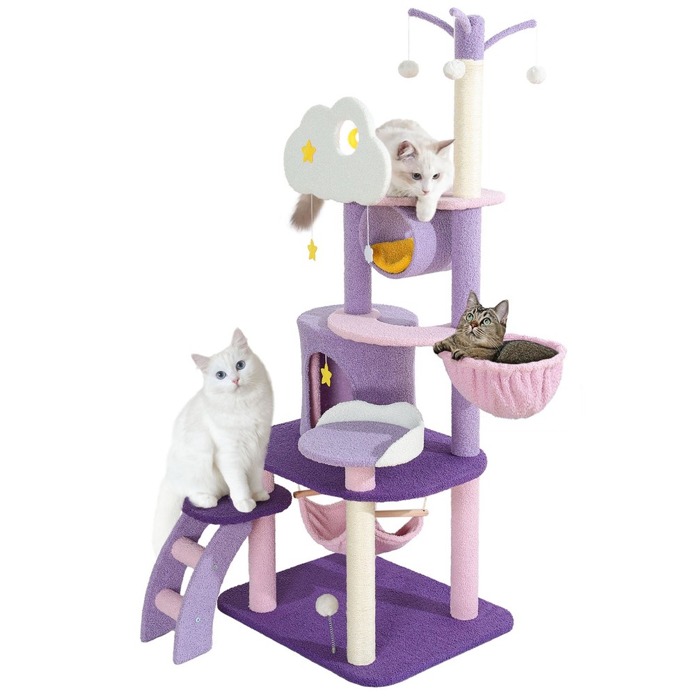 65″ Cat Tower Cute Purple Cloud Cat Tree Condo Playing House w/ Scratching Post