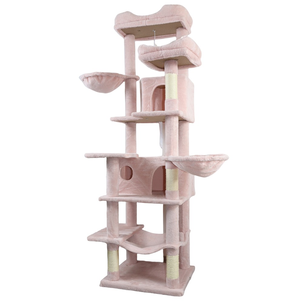 68in Tall Multi-Level Green Cat Tree with Hammocks, Hanging Basket, Cat Cave