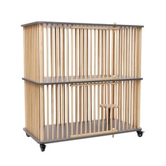 2 Tiers Wooden Cat House With Wheels 44″ Tall Indoor Cat Villa For Multiple Cat