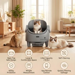 1 Roll Trash Bags Included Grey Open-Top Automatic Self-Cleaning Cat Litter Box,