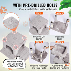 Deluxe 63″ Cat Tree with Condos, Hammock, Scratching Post & Perch – Light Grey