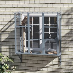 PawHut Outdoor Catio Cat Window Box Enclosure 2 Platforms Scratching, Gray