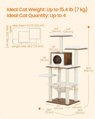 Cat Tree, 56.3-Inch Modern Cat Tower, Multi-Level Plush Condo with Scratching Po