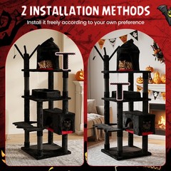 Gothic Cat Tree, 70” Cat Tower w Castle, House, Coffin Bed, Spider Hanging Balls