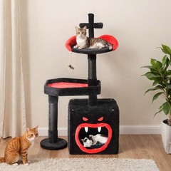 Gothic Cat Tree Tower with Coffin Bed and Scratching Posts Halloween Black