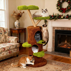 Forest-Style Large Cat Tree Tower Solid Wood Cat Tree Post Multi Cat Condo House
