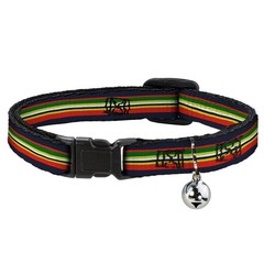 Cat Collar Breakaway with Bell Stripes Navy/Red/Yellow/Black/White/Green NARROW