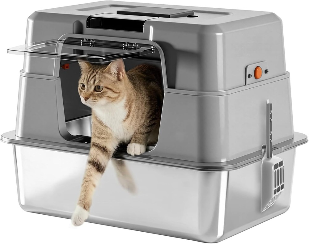 Stainless Steel Cat Litter Box w/Lid Enclosed Small Cat Kitten Box Scoop Gray