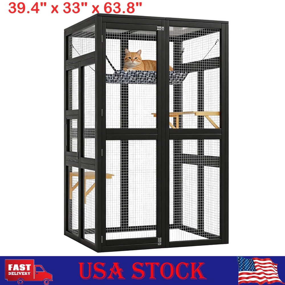 Catio Outdoor Cat Enclosure, Wooden Cat House with Window Access, Hammock