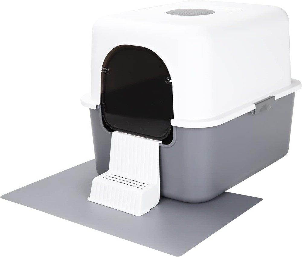 Grey Enclosed Cat Litter Box with Lid for Cats Under 8 lbs, Includes Sand Pedal