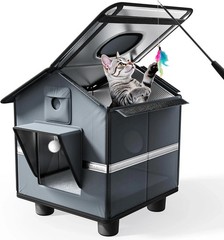 Outdoor Cat House with Raised Base & Toy Included, Weatherproof Feral Cat Shelte