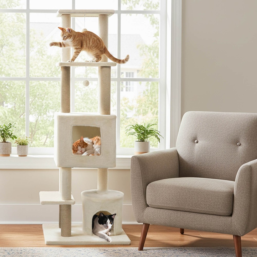 64″ Tall Cat Tree w/ 2 Large Condos, Jute Scratching Posts, Plush Top Perch