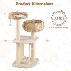 Modern Cat Tree, Tall Cat Tower with Natural Sisal Scratching Post, Hand-Made Wi