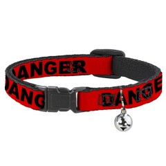 Cat Collar Breakaway with Bell DANGER Text Red/Black NARROW Fits 8.5-12″